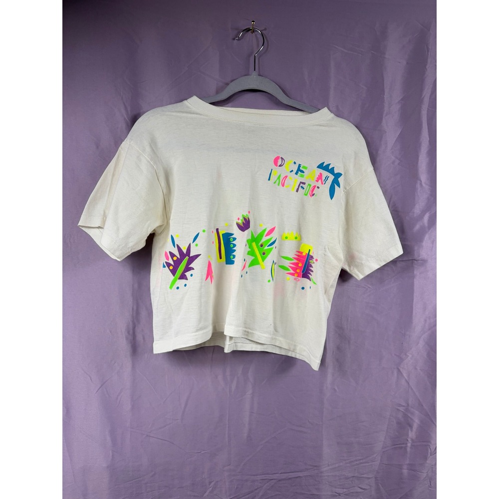 Vintage Ocean Pacific OP Neon Geometric Cropped T-Shirt Off White 80s 90s Surf